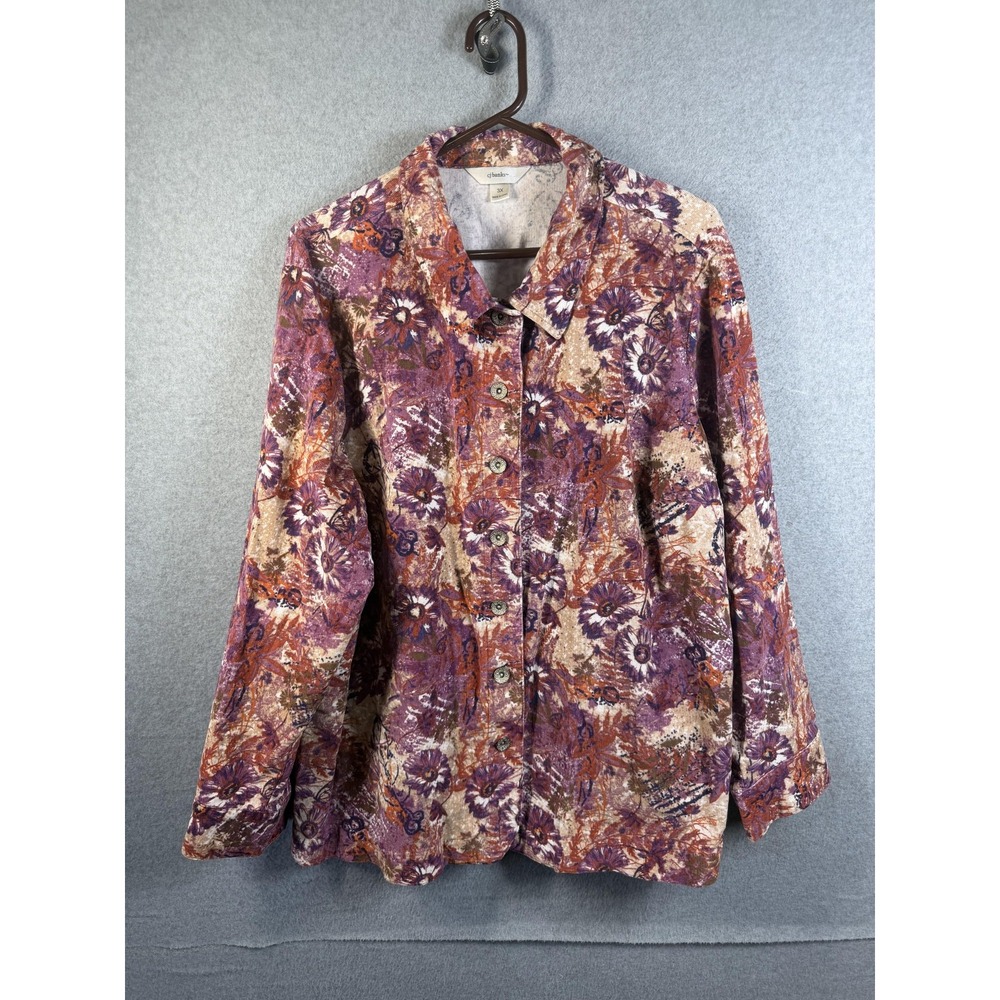 CJ Banks Jacket Womens 3X Purple Floral Corduroy Stretch Button Front Casual
